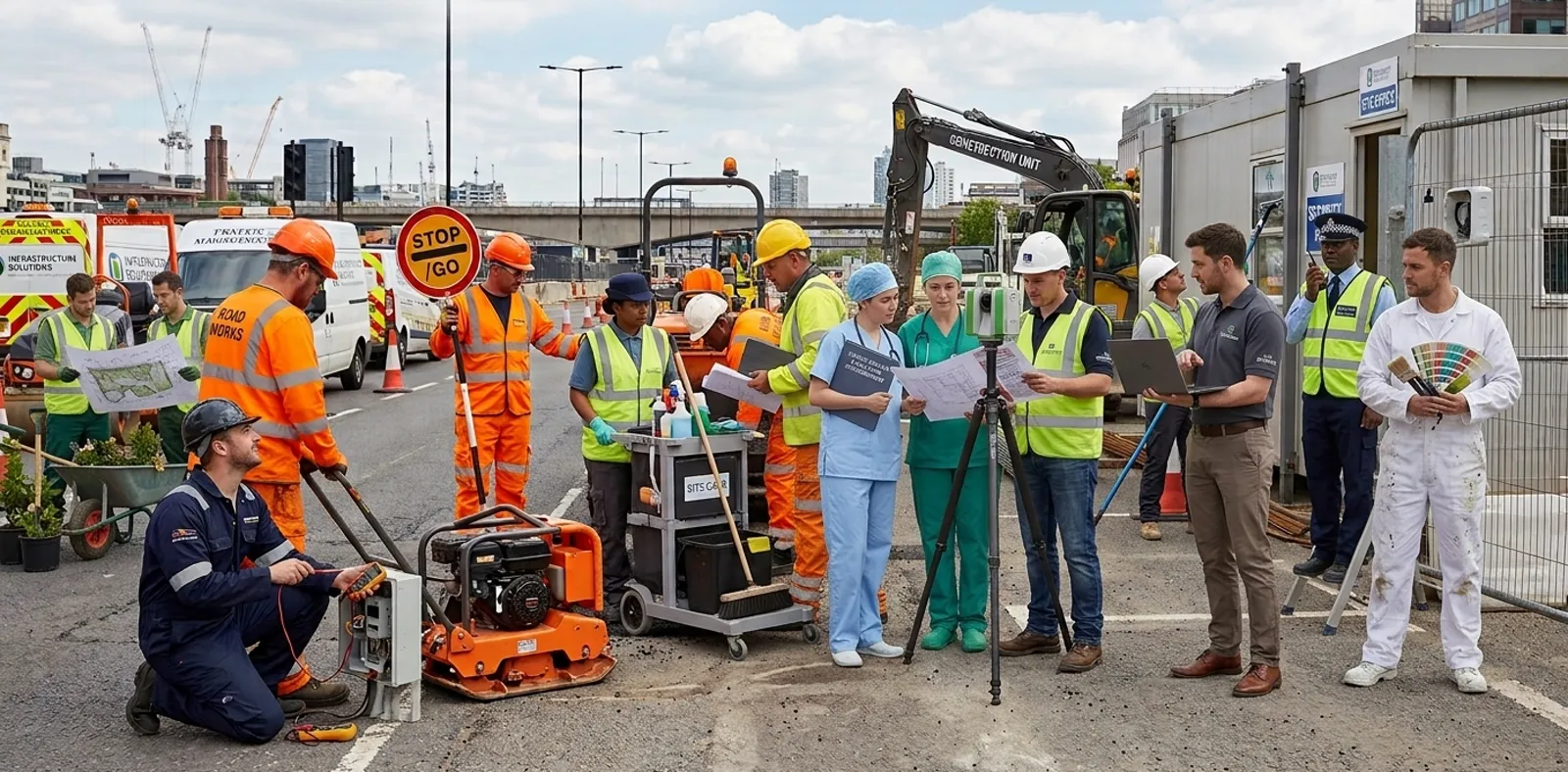 UK tradespeople and public service workers: construction, electrical, cleaning, healthcare, surveying and security, on a London work site